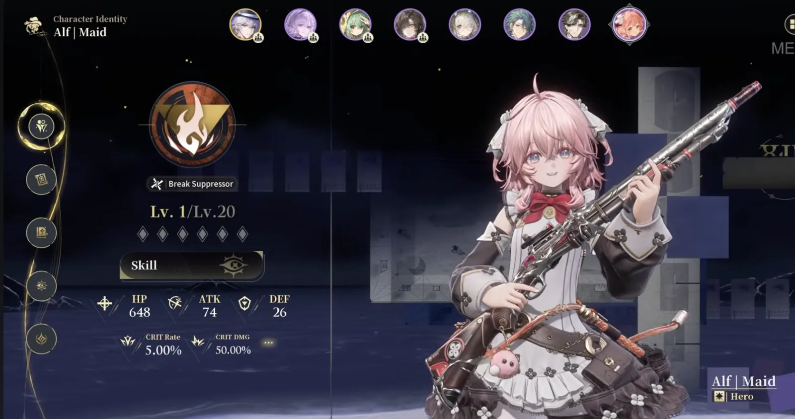 Silver Palace Alf Character Identity screen showing Break Suppressor combat style and Hero identity