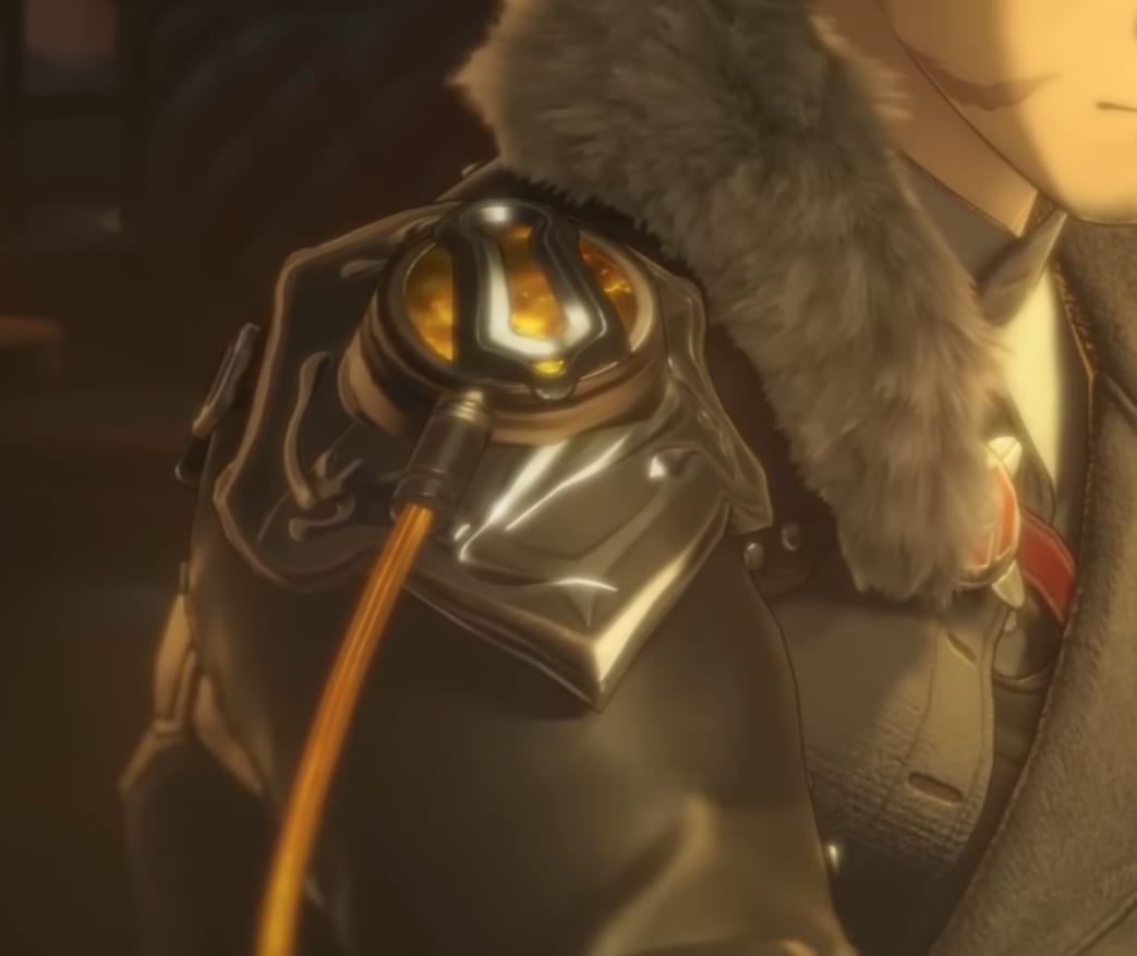 Silver Palace character with an amber reactor glowing on a shoulder piece
