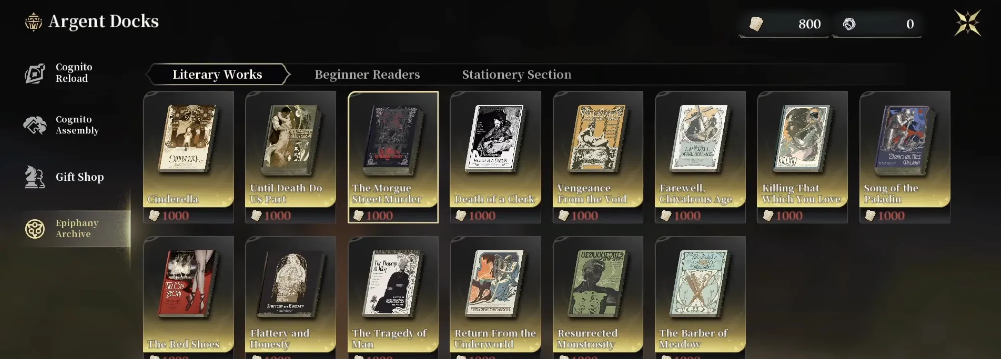 Silver Palace Argent Docks Epiphany Archive shop, showing a grid of Epiphany titles each purchasable for 1000 Fate Clippings