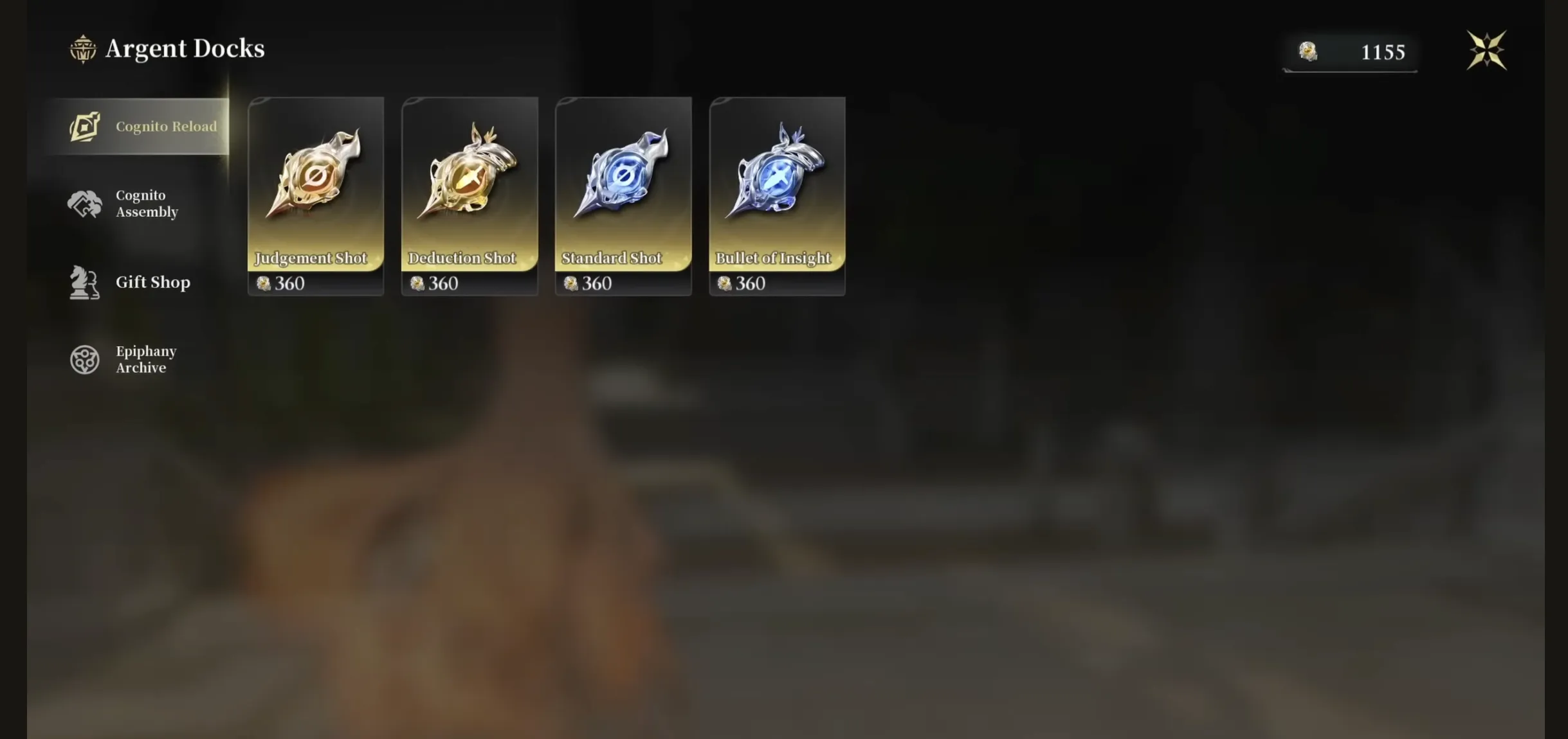 The Argent Docks Cognito Reload tab in Silver Palace showing Judgement Shot, Deduction Shot, Standard Shot and Bullet of Insight all priced at 360 Reactor Crystals