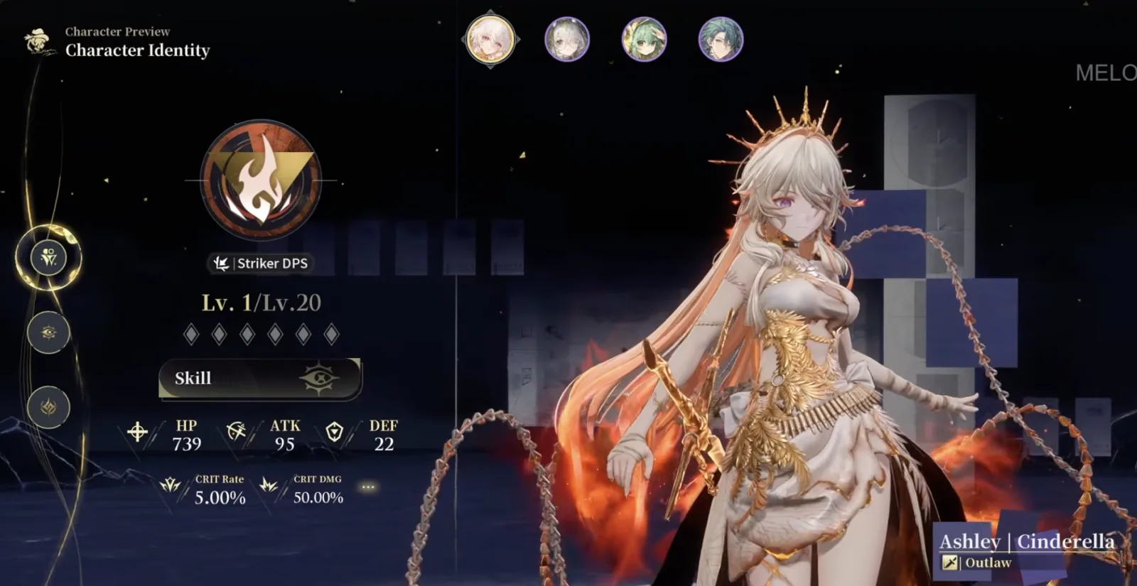 Silver Palace Ashley Cinderella Character Identity screen showing Striker DPS combat style and Outlaw identity