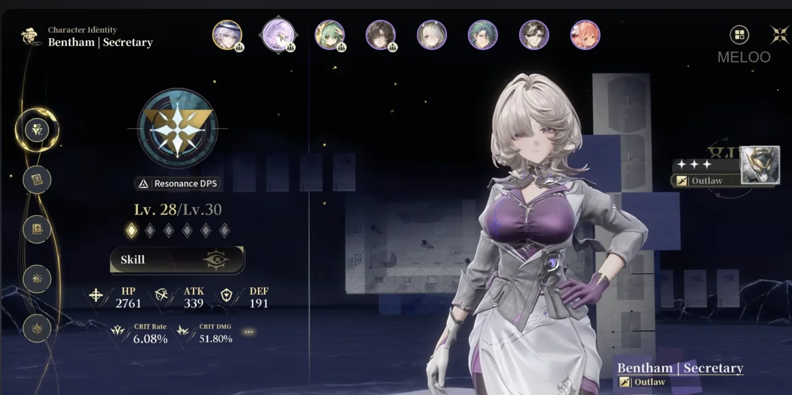 Silver Palace Bentham Character Identity screen showing Resonance DPS combat style and Outlaw identity