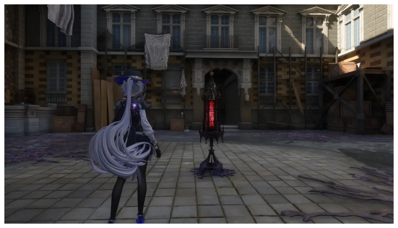 A Blasphemous Spike glowing red in a Silvernia courtyard with corruption spreading across the paving around it