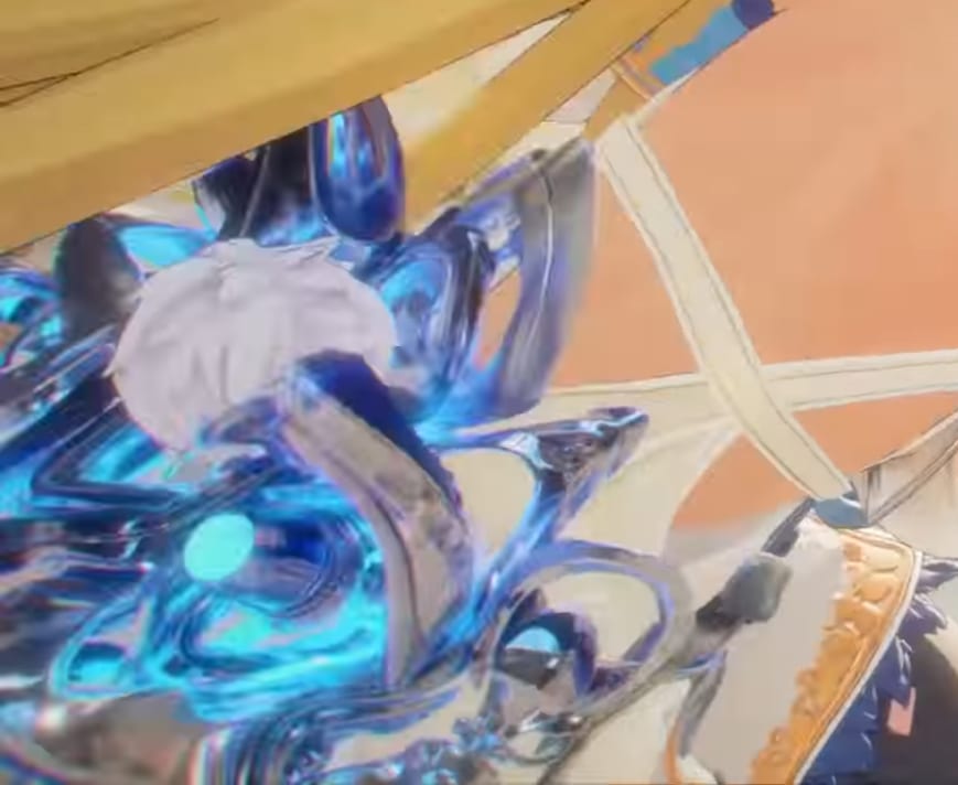 Silver Palace character with a blue liquid catalyst core embedded in their gear