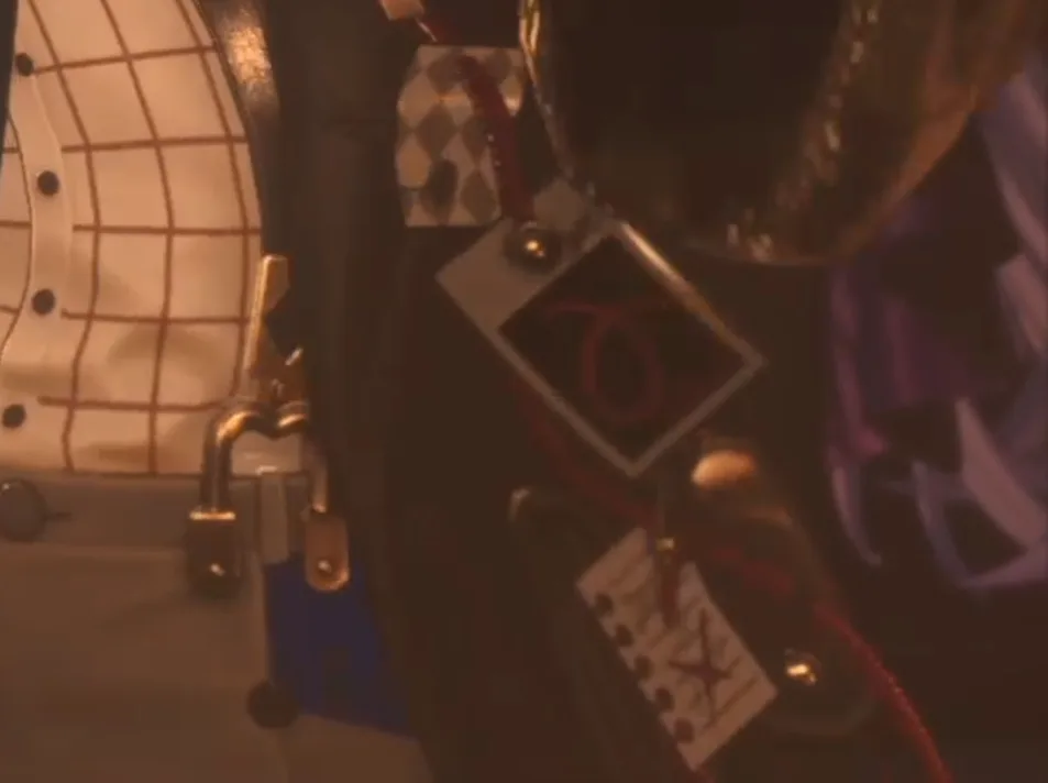 Close-up of the red symbol stitched to the fabric of the coat