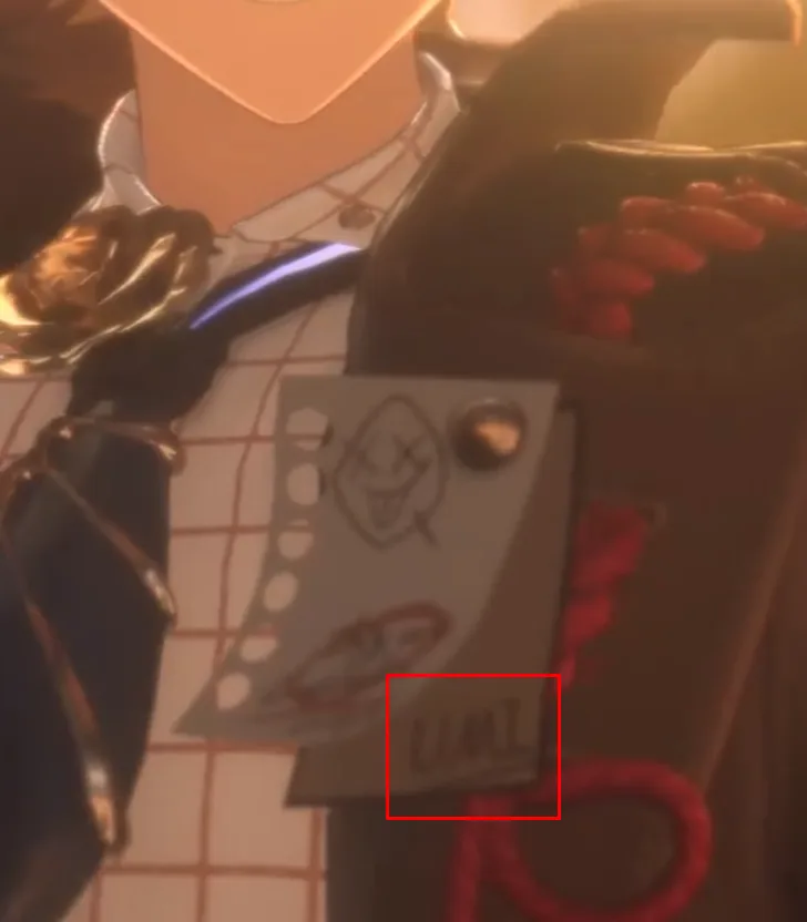 Close-up of the torn notepad and metal U.M.I. tag pinned to the coat