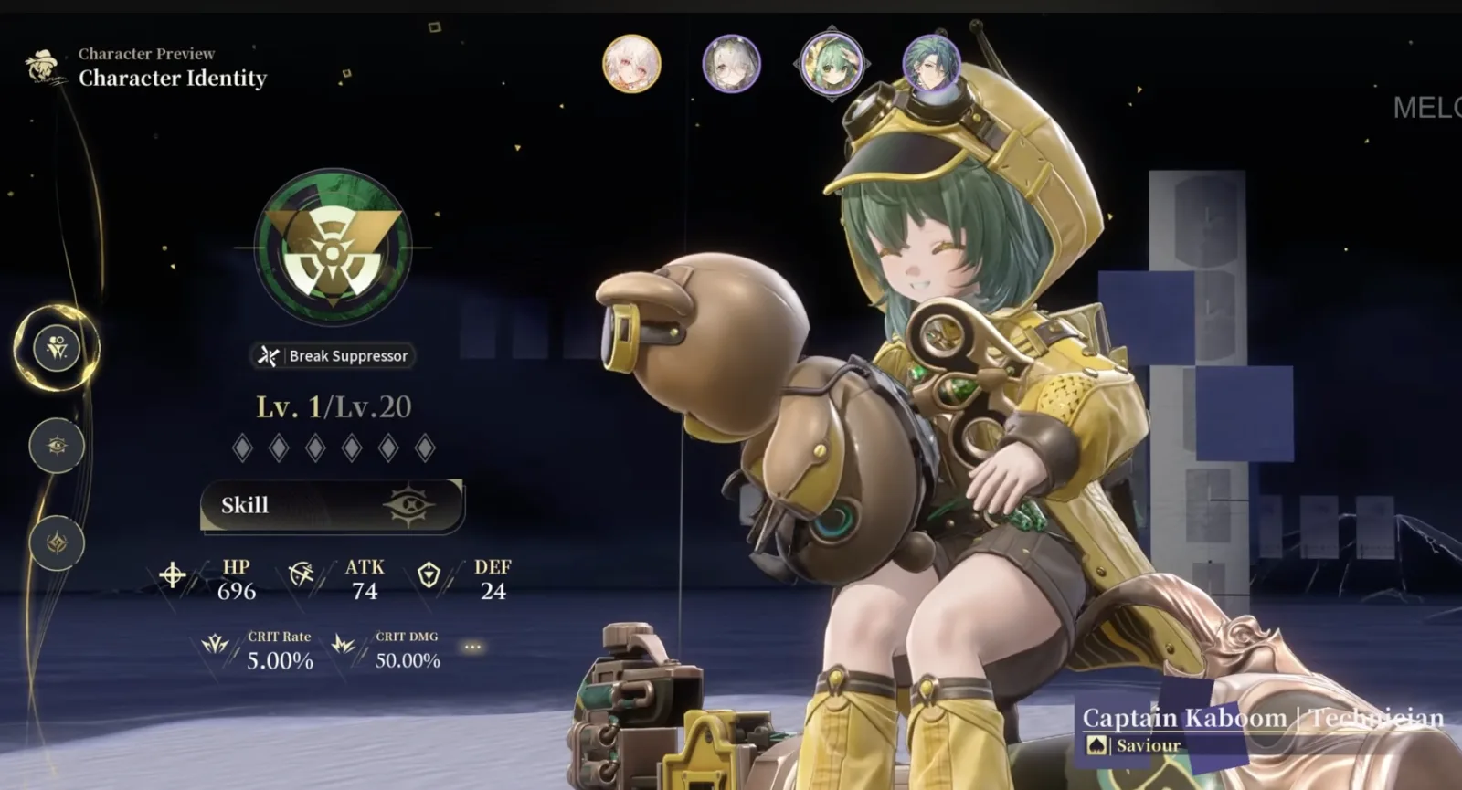 Silver Palace Captain Kaboom Character Identity screen showing Break Suppressor combat style and Saviour identity