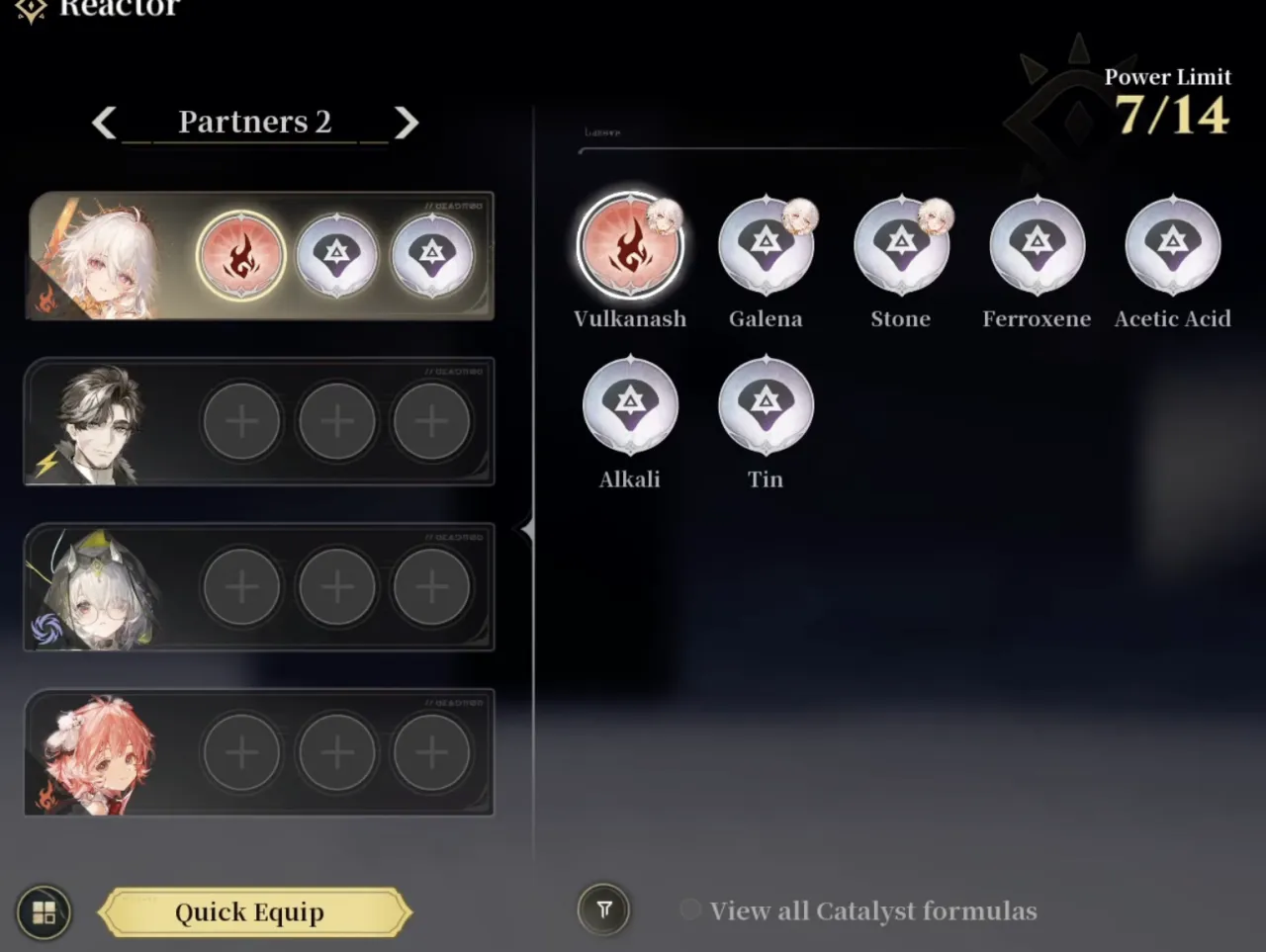 Silver Palace Reactor screen with the Vulkanash Catalyst equipped, showing Power Limit at 7 of 14