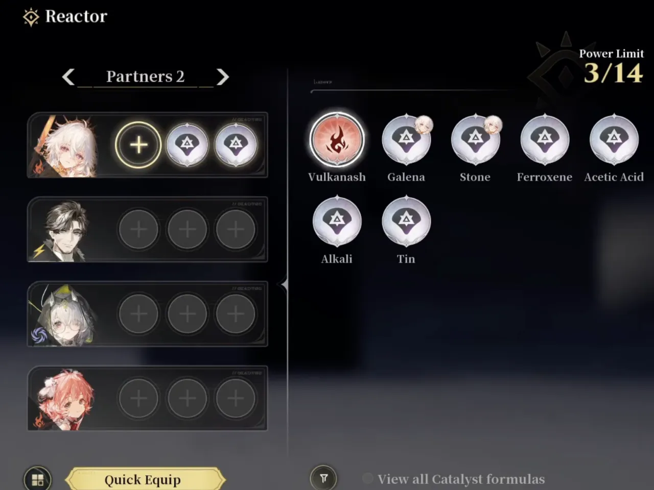 Silver Palace Reactor screen after unequipping the Vulkanash Catalyst, showing Power Limit dropping to 3 of 14