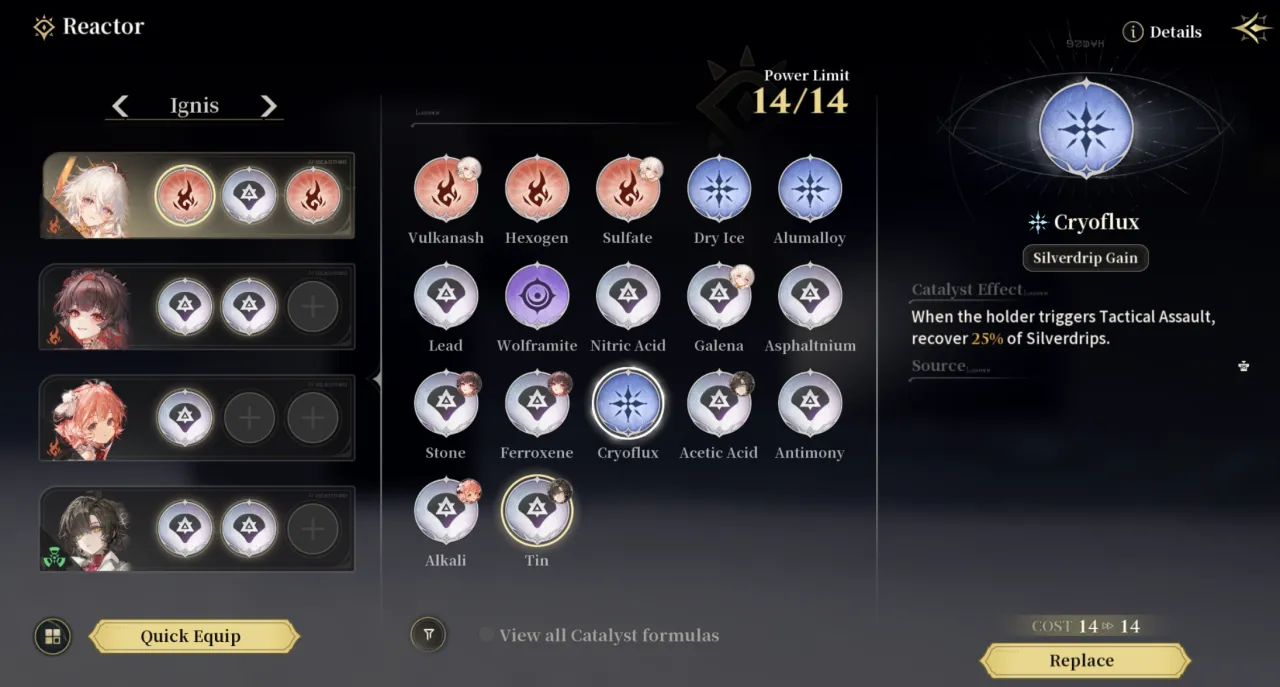 Silver Palace Reactor equip screen showing four squad members each with three Catalyst slots, a Power Limit budget, and the Cryoflux Catalyst selected with its Silverdrip Gain effect