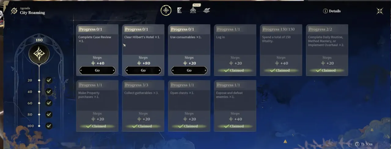 The Silver Palace Agenda on the City Roaming tab, showing the day's objectives with their reward values and a claim ladder down the left side