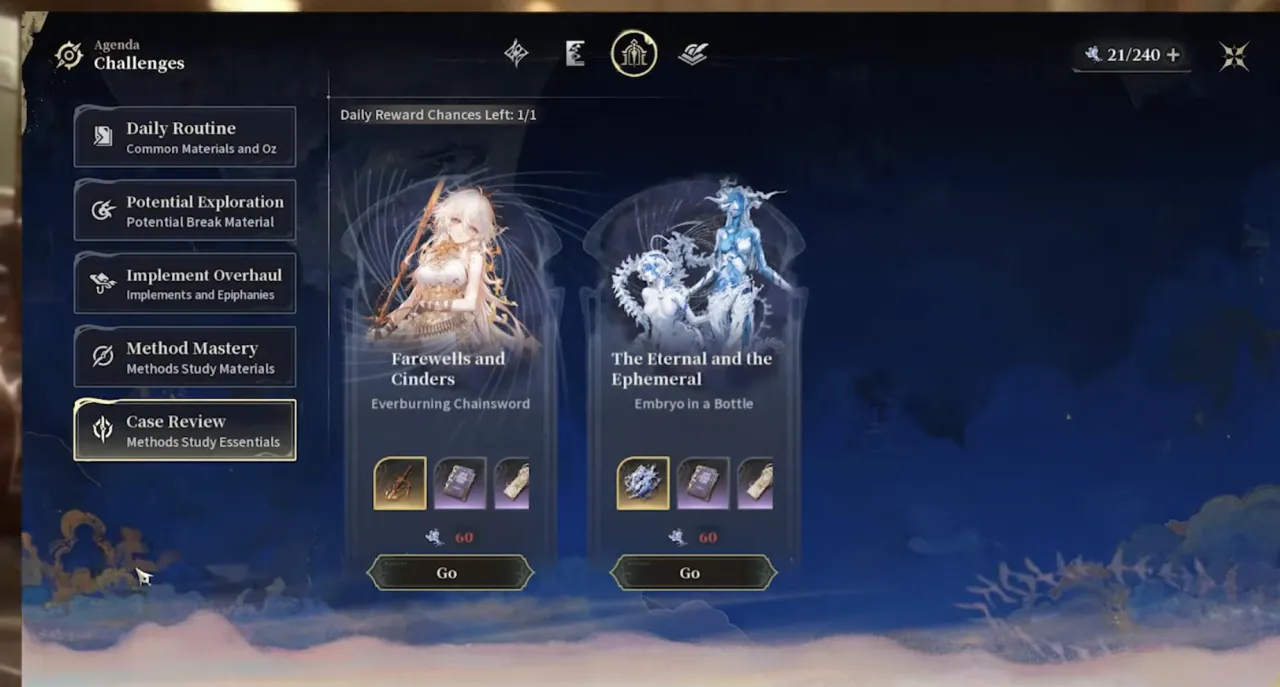The Silver Palace Case Review challenge screen listing two rotating stages with their material rewards and one bonus reward chance remaining for the day
