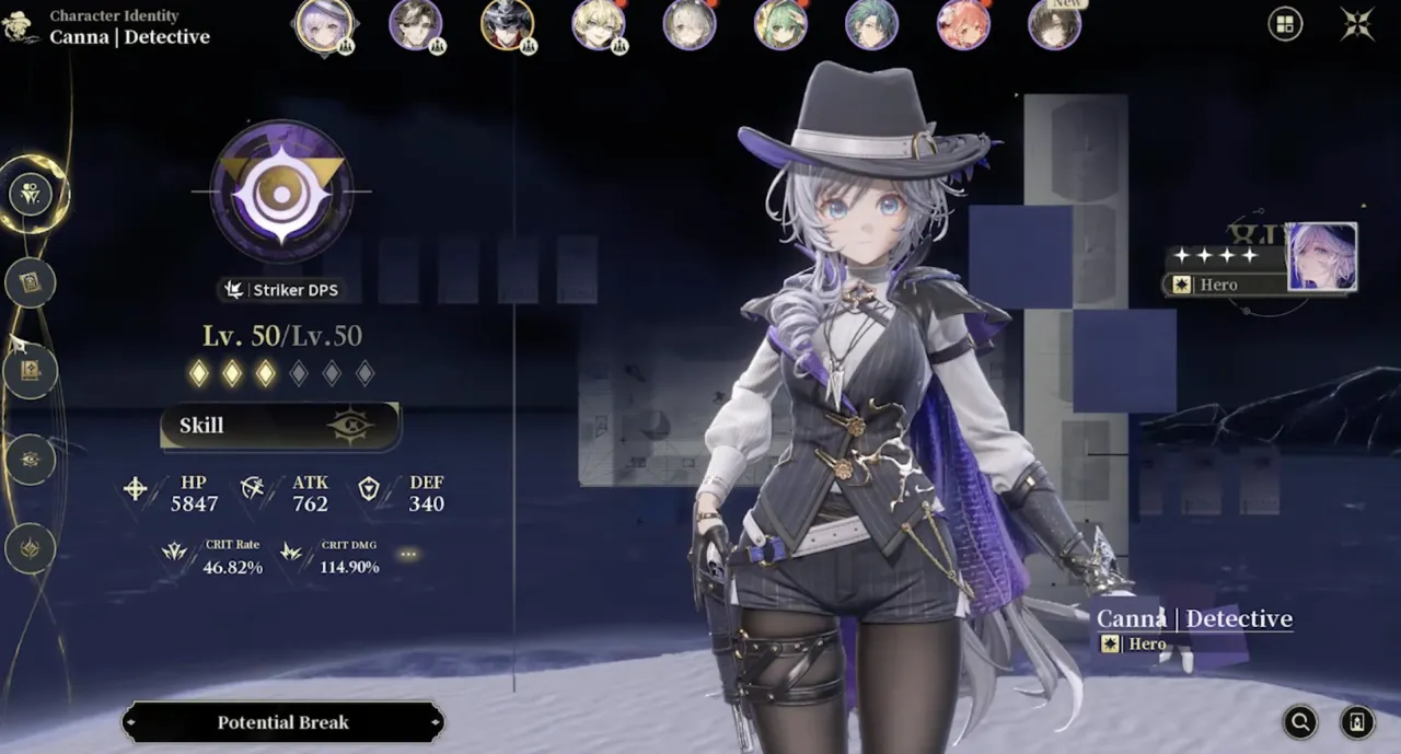The Silver Palace Character Identity screen, showing the character's combat style, level, and HP, attack, defence, CRIT Rate and CRIT damage values