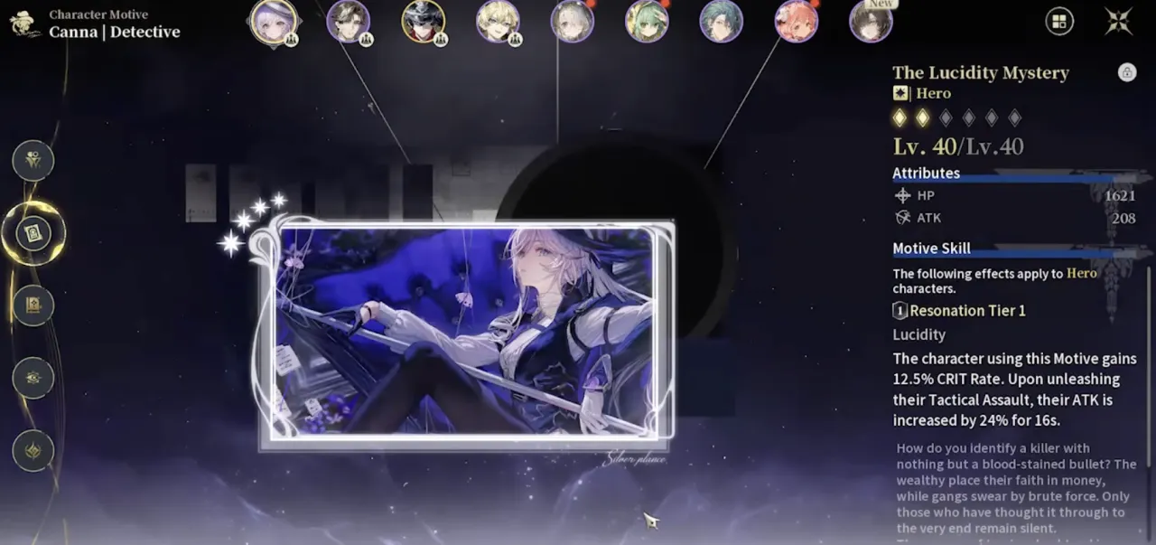 The Silver Palace Character Motive screen showing an equipped Motive card, its level and stat values, and the Motive Skill text listing its CRIT Rate and attack buff