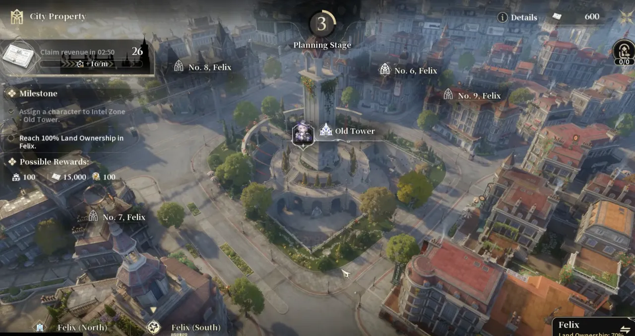 The Silver Palace City Property screen over a city district, showing a claim revenue timer with an accrual rate, ownership milestones and numbered property plots across the plaza