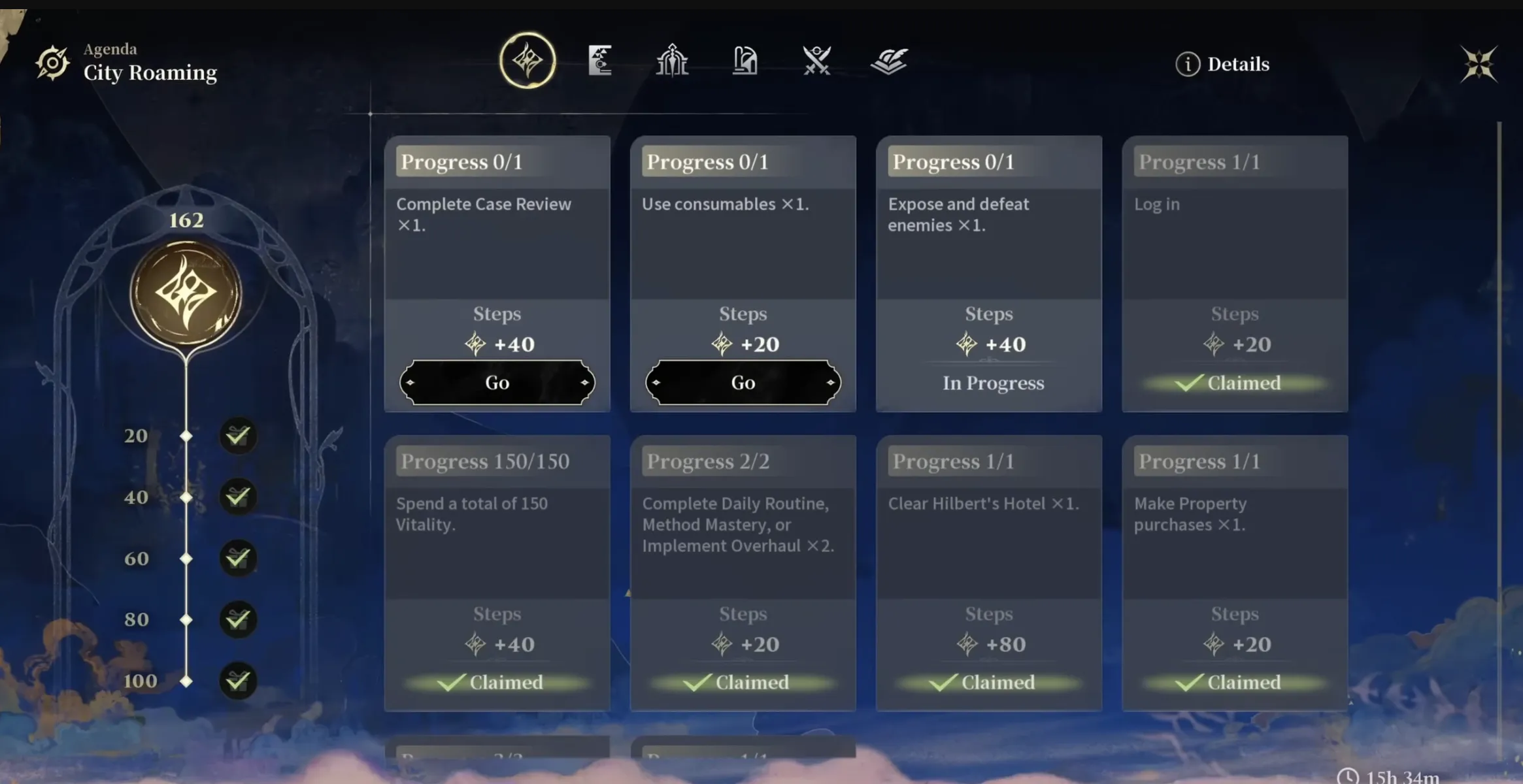 Silver Palace City Roaming Agenda showing a Clear Hilbert's Hotel x1 objective worth +80 steps alongside Case Review, Vitality and Property-purchase objectives