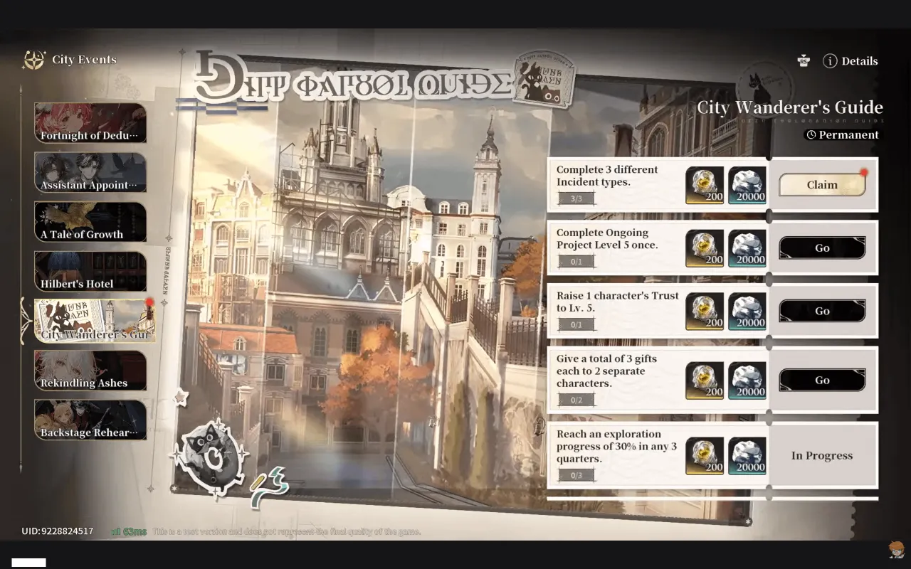 Silver Palace CBT2 City Wanderer's Guide City Event page showing five objectives each rewarding 200 Reactor Crystals and 20000 Ounce