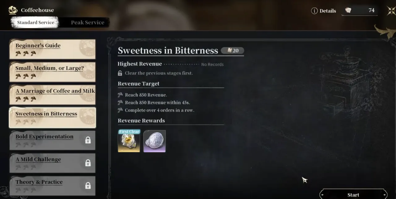 The Silver Palace Coffeehouse stage list, with one stage selected and its revenue targets and first-clear reward shown on the right