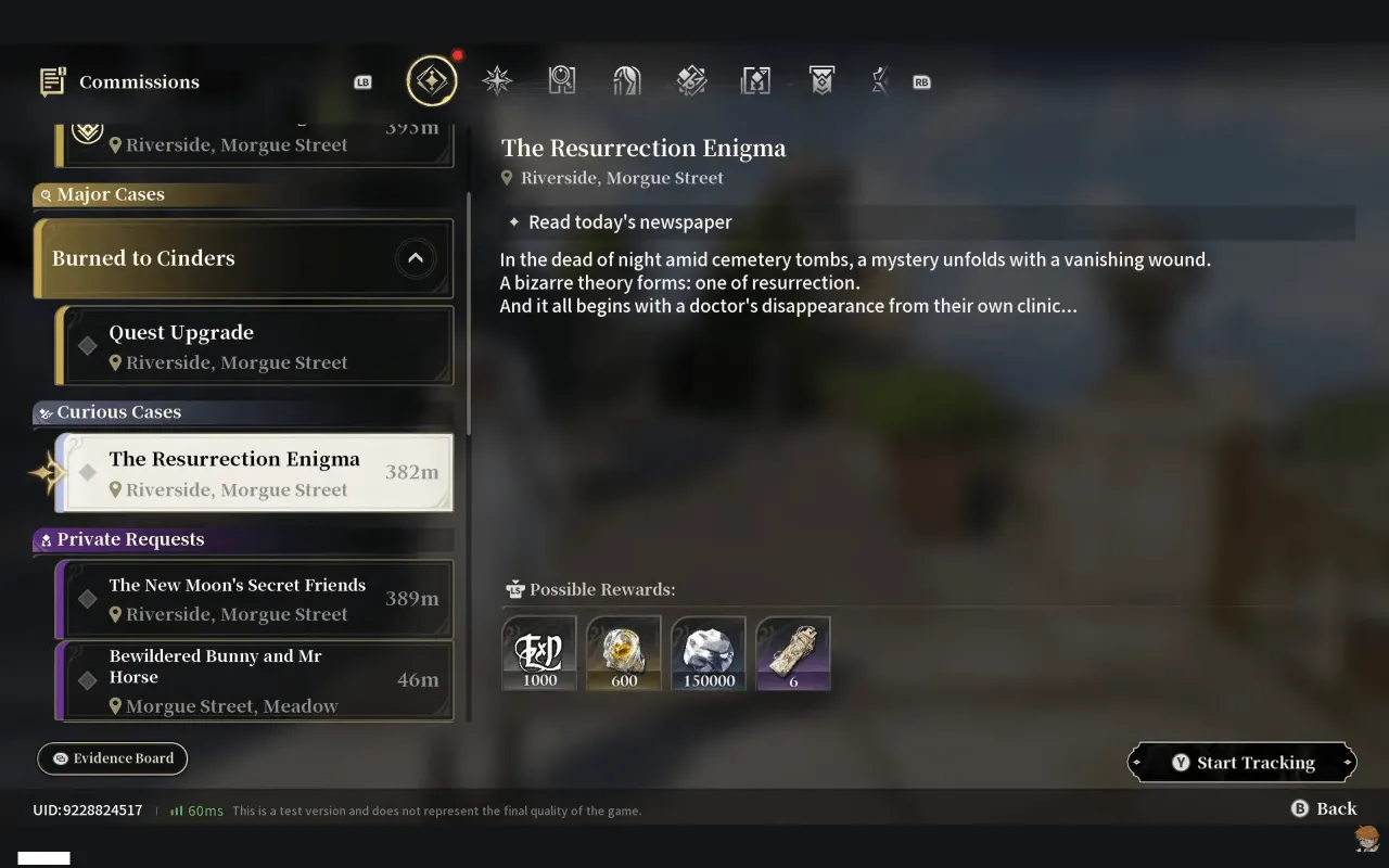 Silver Palace CBT2 The Resurrection Enigma Curious Case showing possible rewards of 1000 EXP, 600 Reactor Crystals, 150000 Ounce and six purple materials