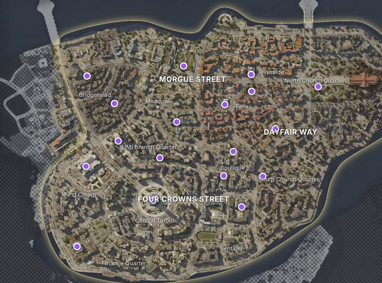 The Silver Palace Dichotomy beta world map, with the Morgue Street, Dayfair Way and Four Crowns Street regions inside a lit playable boundary and sub-areas including Bridgehead, Central Toroid and the North and South Church Quarters labelled