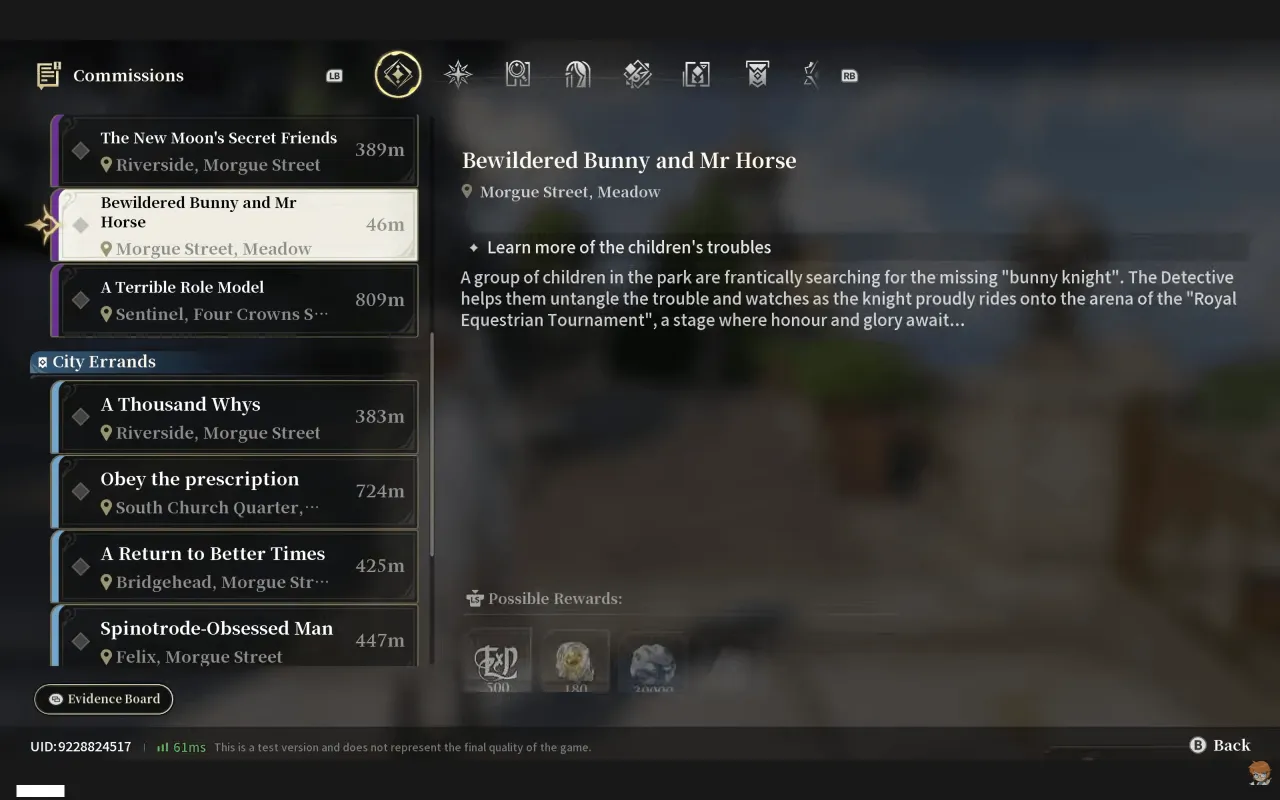 Silver Palace CBT2 Bewildered Bunny and Mr Horse Private Request showing possible rewards of 500 EXP, 180 Reactor Crystals and 20000 Ounce