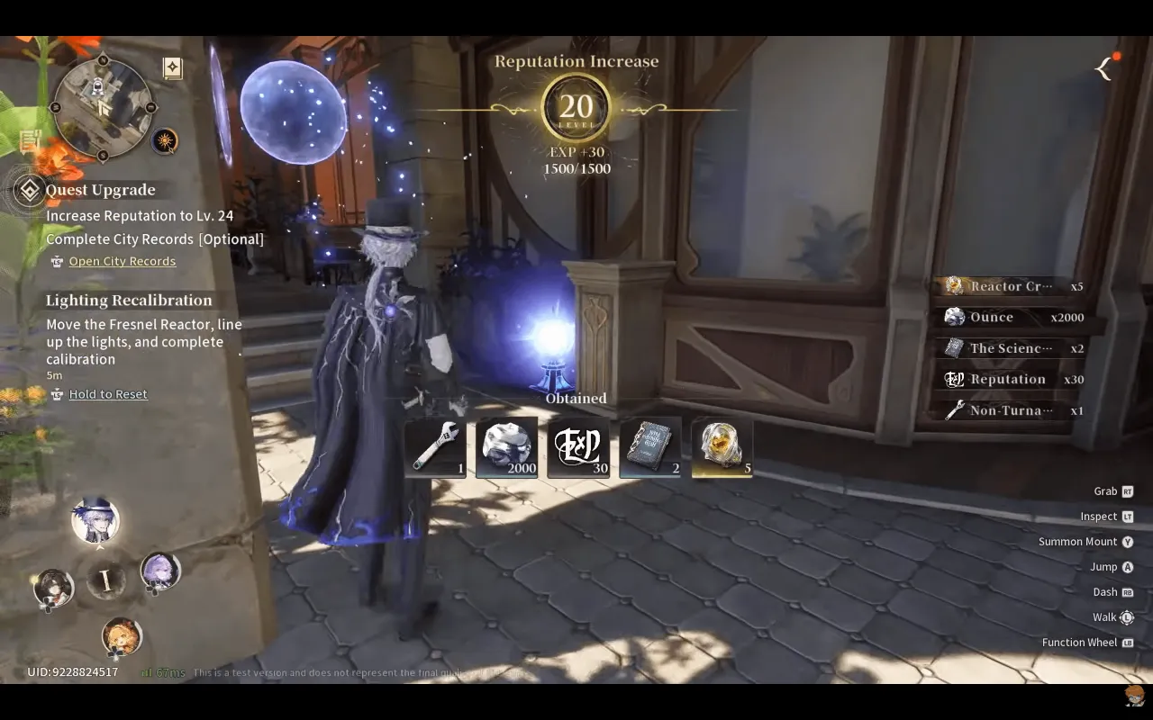 Silver Palace CBT2 Lighting Recalibration puzzle reward showing Reactor Crystals x5, Ounce x2000, Reputation x30 and upgrade materials