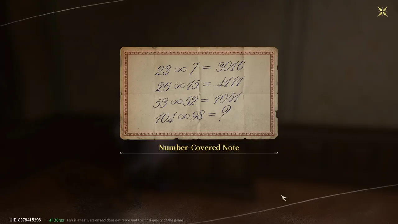 The Number-Covered Note reading 23 infinity 7 equals 3016, 26 infinity 15 equals 4111, 53 infinity 52 equals 1051, and 104 infinity 98 equals a question mark