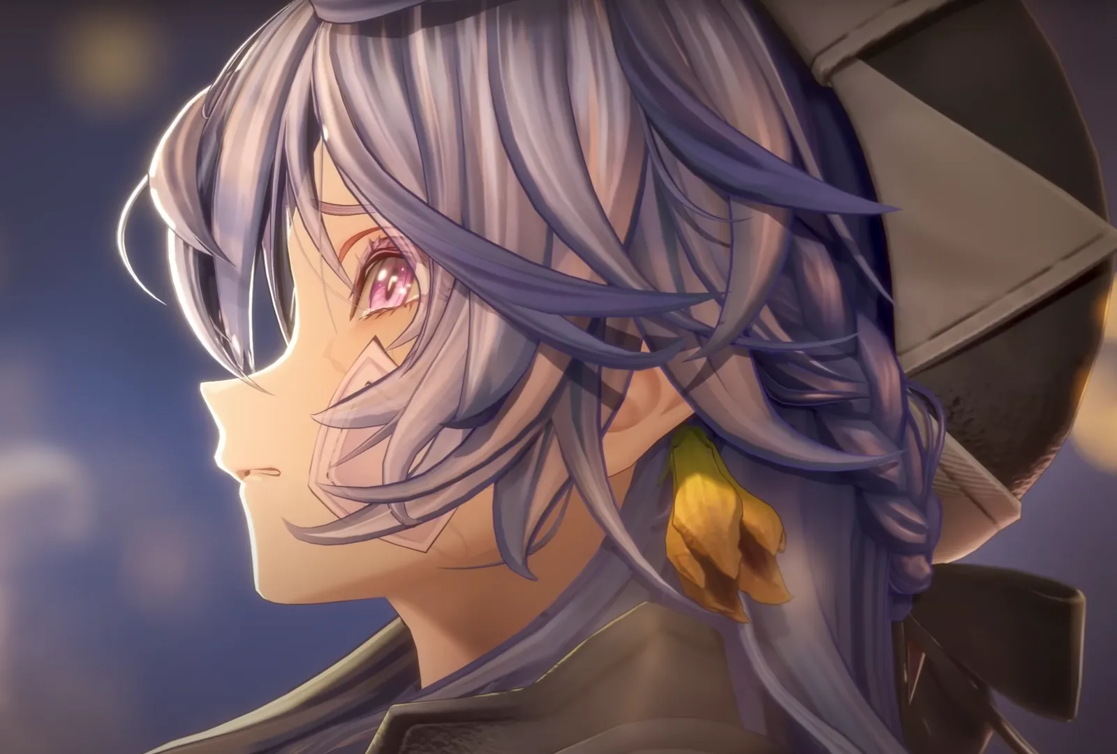 The woman who becomes Cinderella in Silver Palace, shown in close-up with a small yellow pumpkin flower tucked into her braid