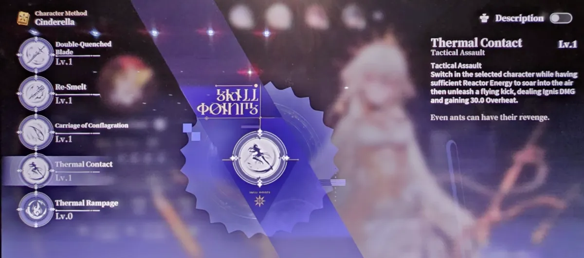 Cinderella's Thermal Contact Tactical Assault skill screen in Silver Palace, showing the flying kick that deals Ignis damage and grants 30 Overheat