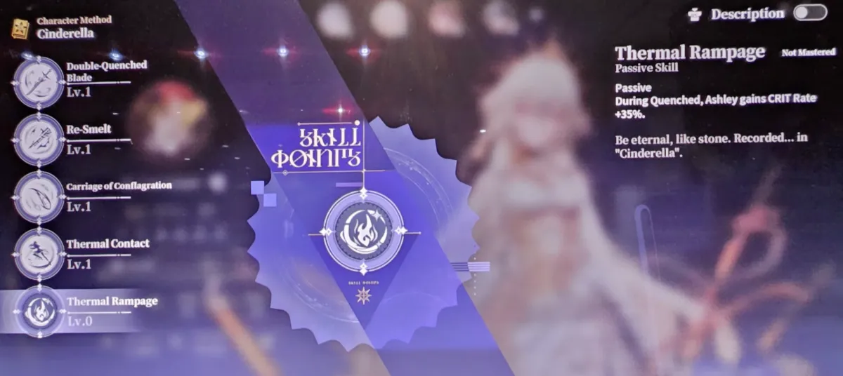 Cinderella's Thermal Rampage passive skill screen in Silver Palace, showing 35% CRIT Rate during Quenched alongside her full five-ability skill list