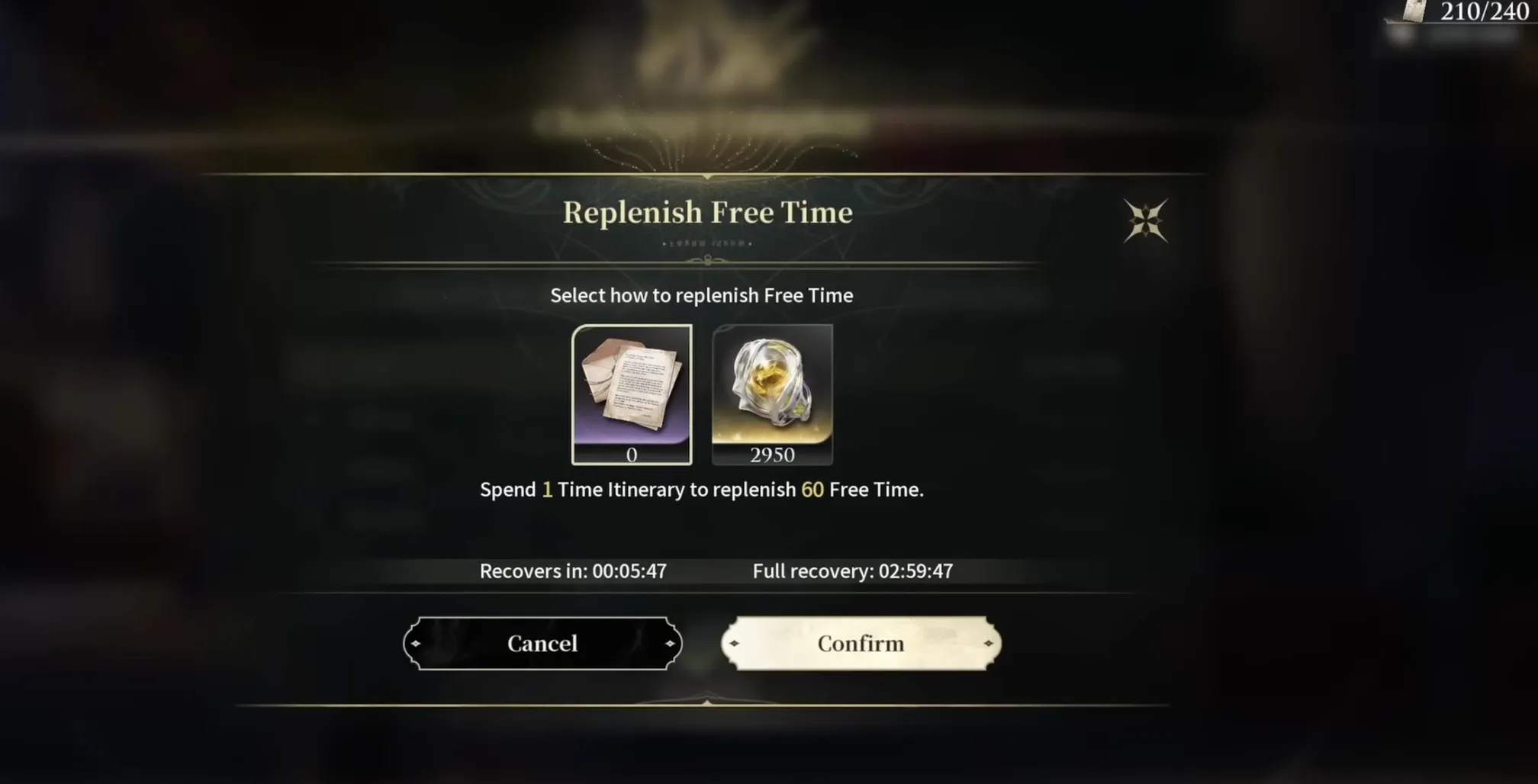 Silver Palace City Affairs Replenish Free Time screen offering a 60 Free Time refill for 2950 Reactor Crystals