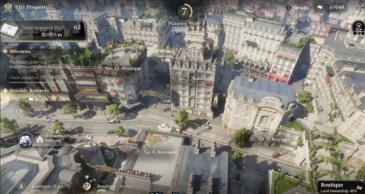 The Silver Palace City Property screen showing the Boutique district from above, with numbered premises, a Milestone panel, a revenue claim timer and a Land Ownership readout