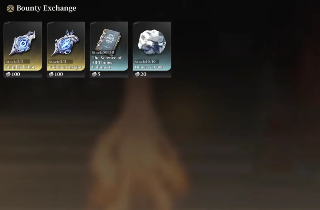 The Bounty Exchange stock list showing Standard Shot, Bullet of Insight, an upgrade book and an Ounce bundle with Glory Coin prices