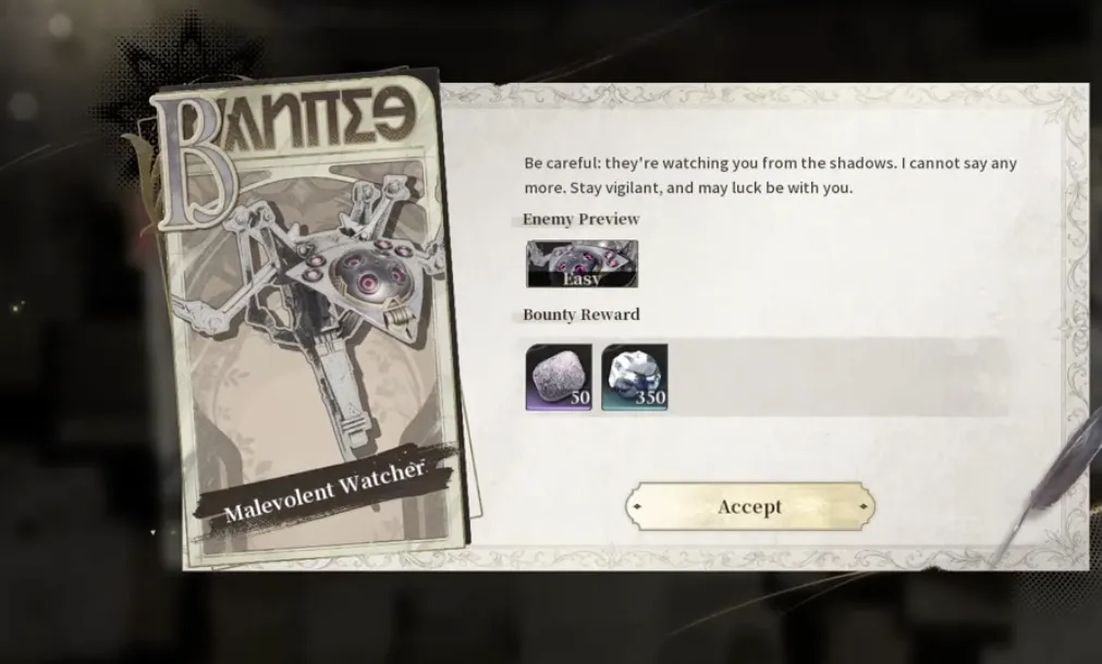The B rank Malevolent Watcher contract panel showing one Easy enemy preview and a reward of 50 Glory Coin and 350 Ounce