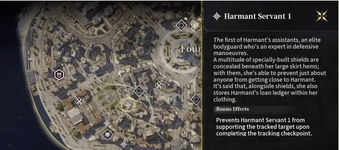 The Silver Palace city map with bounty tracking markers beside the Harmant Servant 1 detail panel and its bonus effect