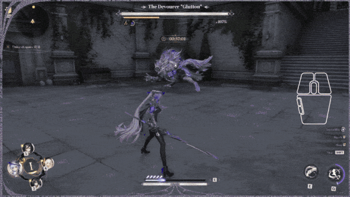 Casual Mode combat against the boss "The Devourer Glutton," with the click-combo UI on screen