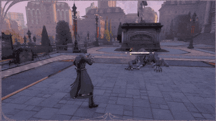 Parrying a beast enemy in Silver Palace, with the yellow parry indicator on the enemy health bar