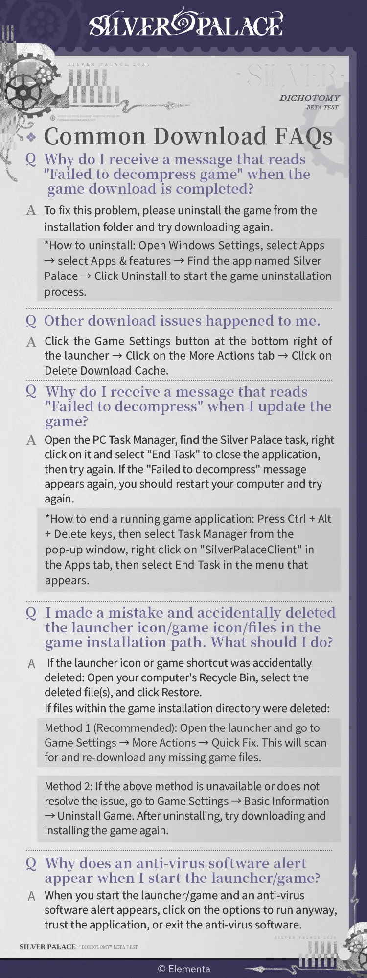 Silver Palace Dichotomy Beta common download FAQ and launcher troubleshooting steps
