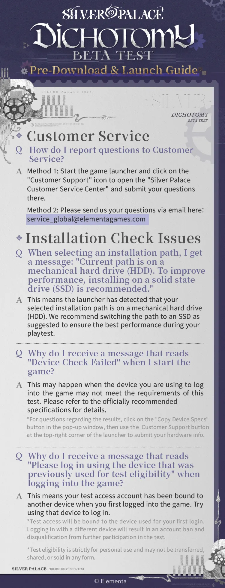 Silver Palace Dichotomy Beta customer support and installation check issue instructions