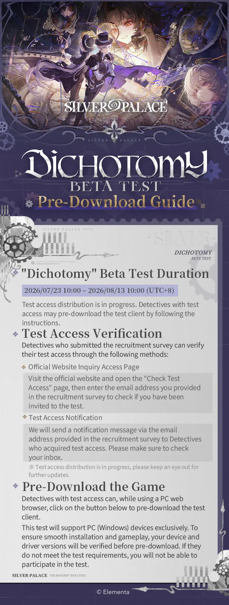 Silver Palace Dichotomy Beta Test pre-download guide with test dates and access instructions