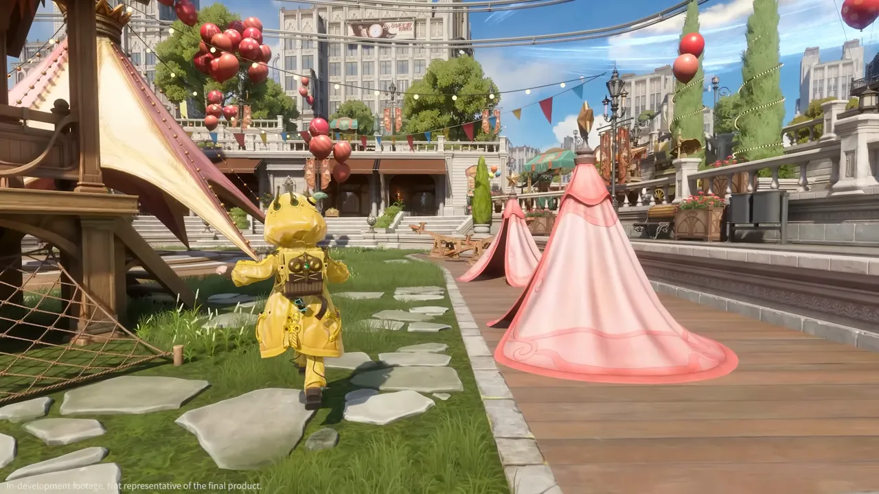 A festival square in a Silvernia district, with bunting and balloons strung between buildings, striped tents on a waterfront boardwalk and a costumed figure walking a stone path across the grass