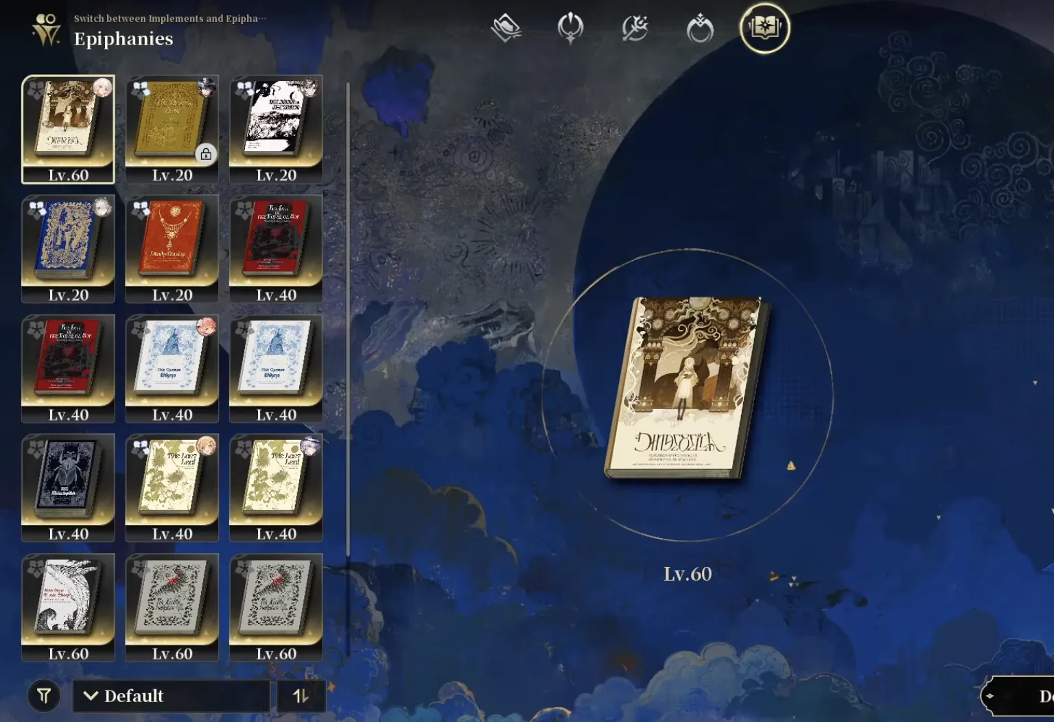 Silver Palace Epiphanies collection screen showing a grid of owned books at Lv.20, Lv.40, and Lv.60