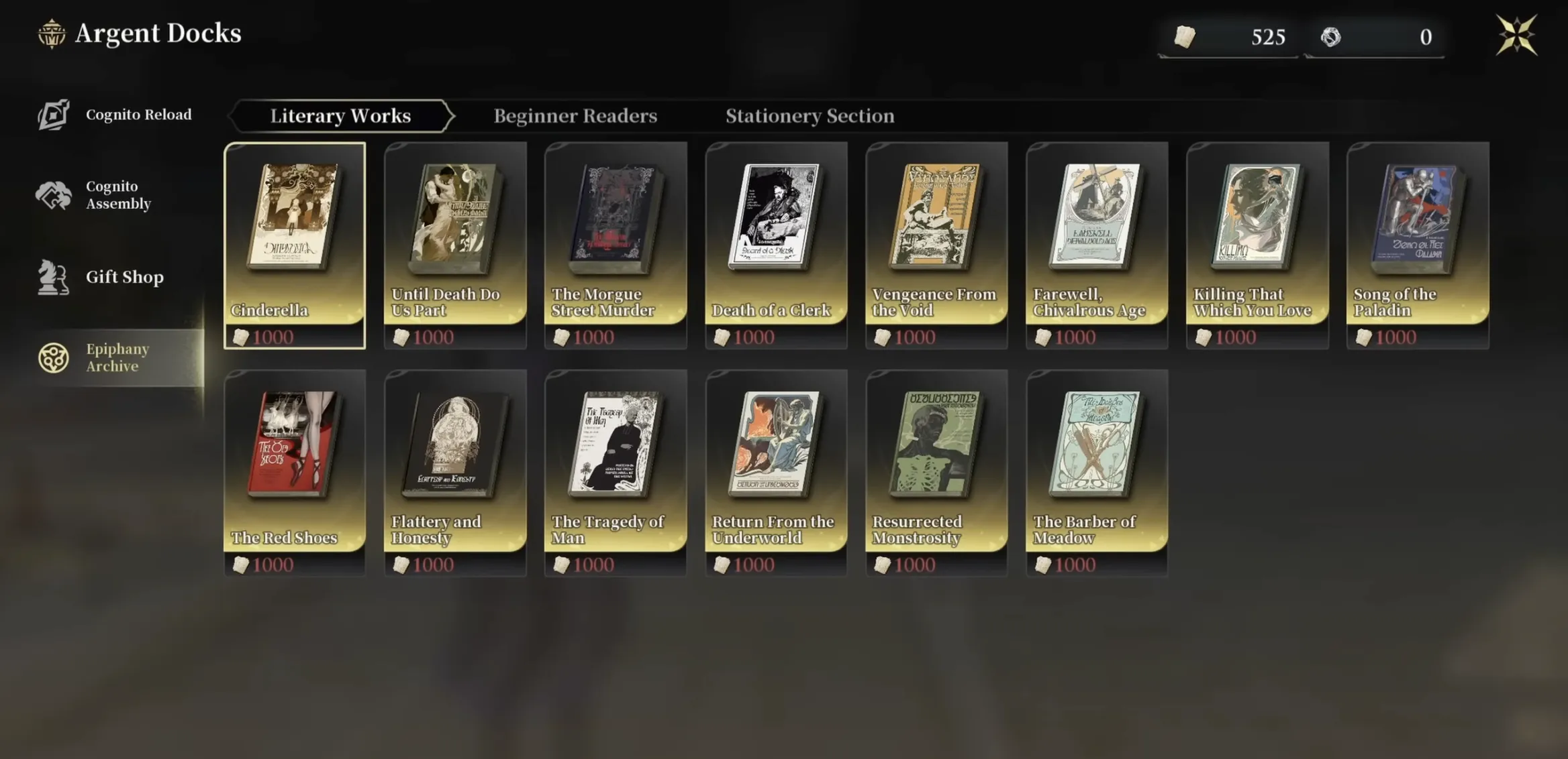 Silver Palace Argent Docks Epiphany Archive tab listing Epiphany titles including Cinderella, The Red Shoes, Until Death Do Us Part and The Morgue Street Murder, each priced at 1000