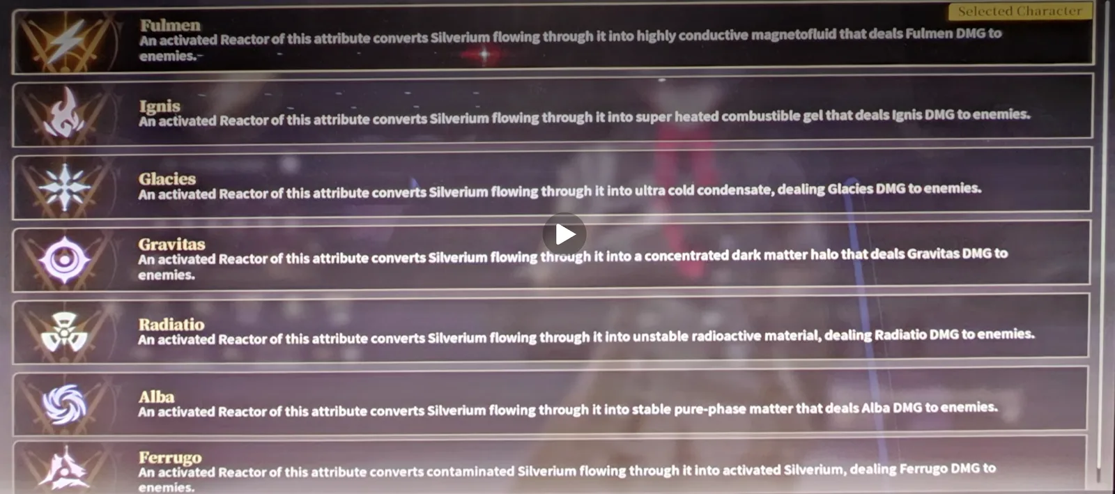 Silver Palace Details screen on the Reactor Attribute tab, listing all seven attributes (Fulmen, Ignis, Glacies, Gravitas, Radiatio, Alba, Ferrugo) with their Silverium conversion descriptions