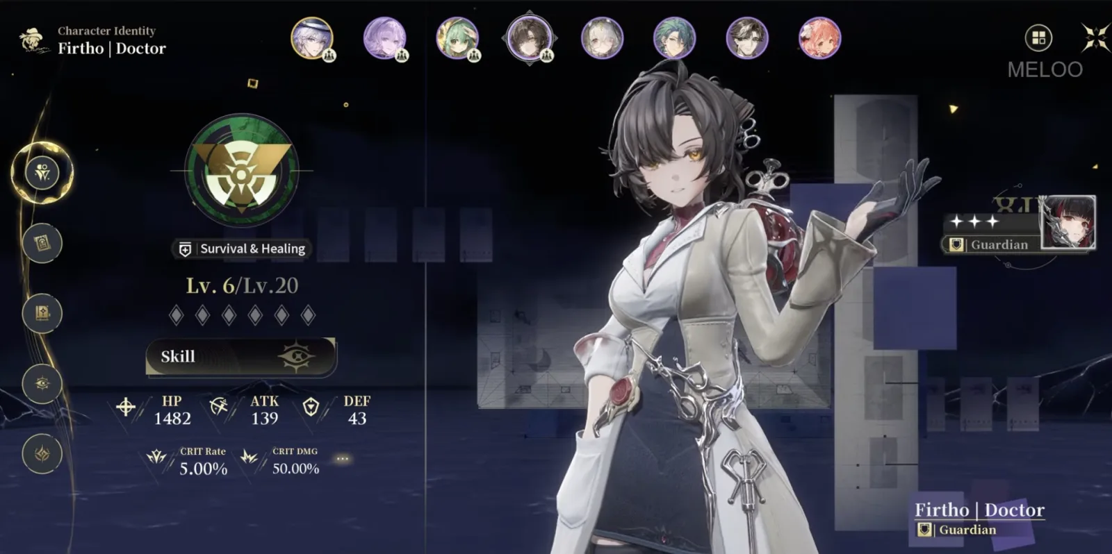 Silver Palace Firtho Character Identity screen showing Survival & Healing combat style and Guardian identity