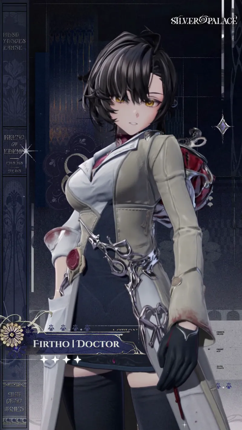 Firtho in her physician's coat with silver surgical instruments at her waist, official Silver Palace title page art