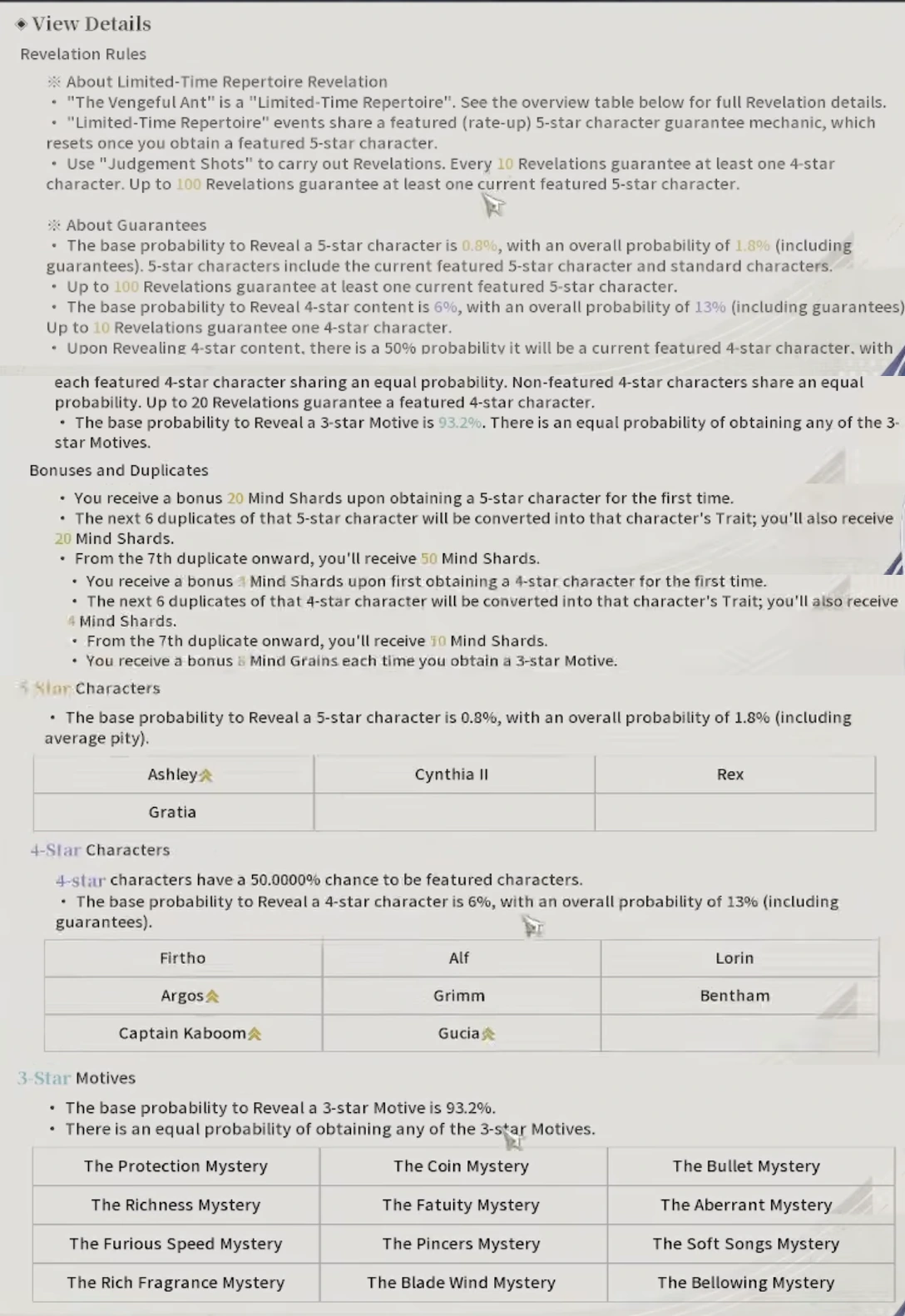 Silver Palace Dichotomy Beta character banner detail page showing Revelation rules, 5-star and 4-star rates, pity ceilings, Mind Shard bonuses, and the featured and standard character tables
