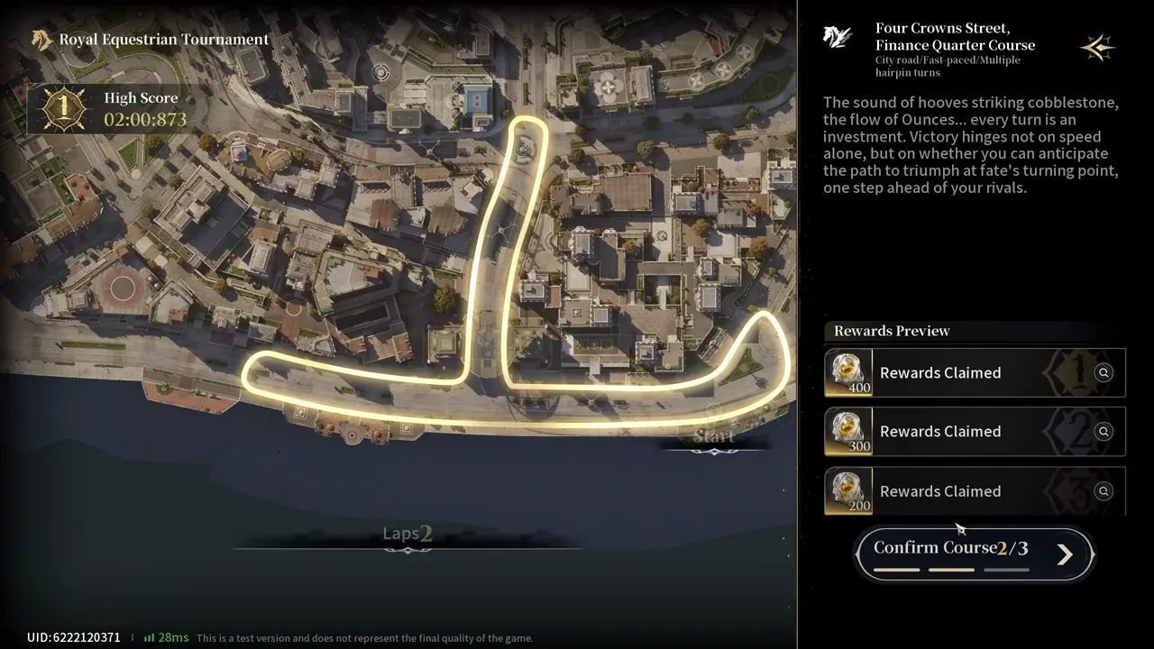 The Royal Equestrian Tournament course screen for the Finance Quarter course, with the route traced over a city map, two laps, and a rewards preview of 400, 300 and 200 Reactor Crystals