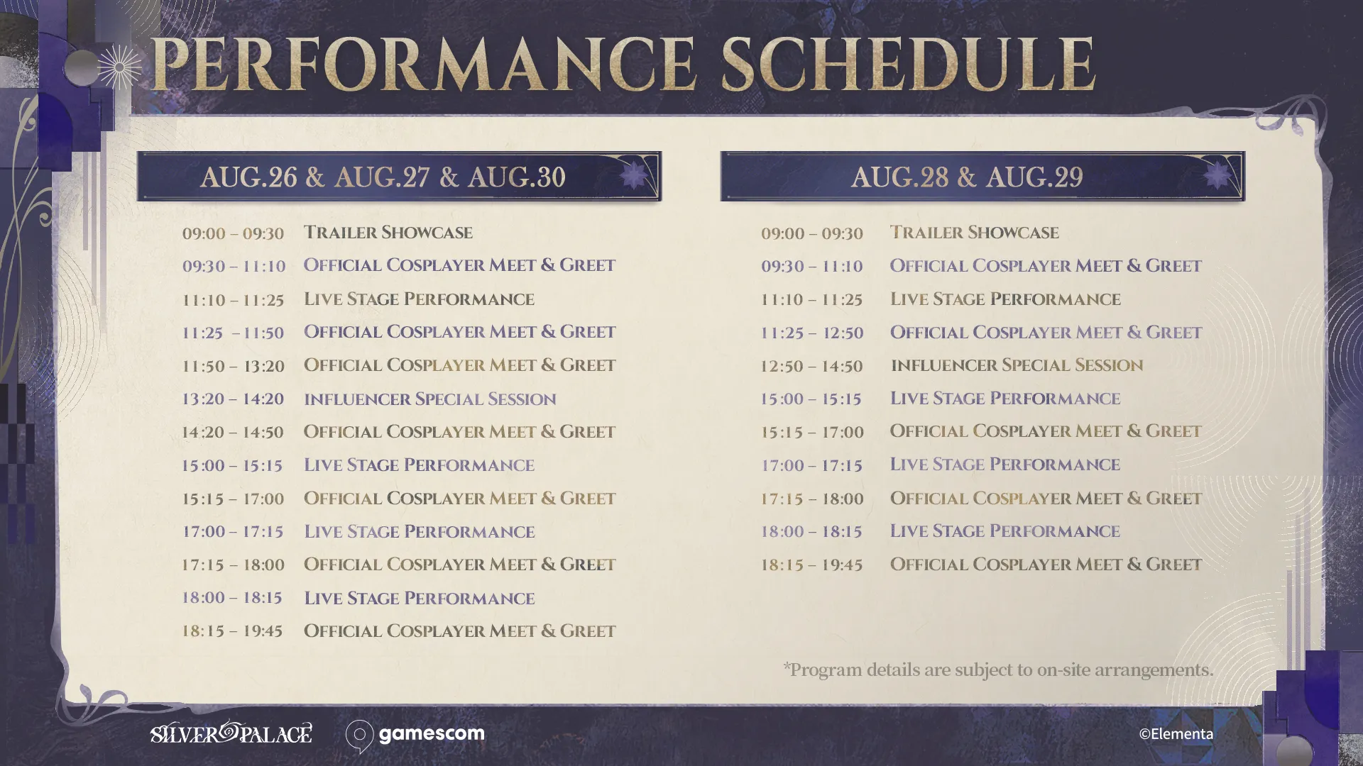 Silver Palace gamescom 2026 performance schedule showing the two daily programs, one for August 26, 27 and 30 and one for August 28 and 29