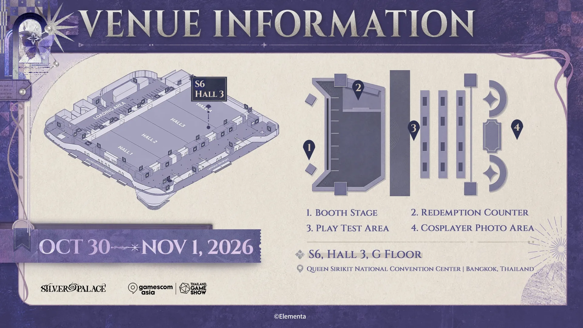 Silver Palace gamescom asia 2026 venue information map showing booth S6 in Hall 3 on the G floor of QSNCC, with the Booth Stage, Redemption Counter, Play Test Area and Cosplayer Photo Area marked